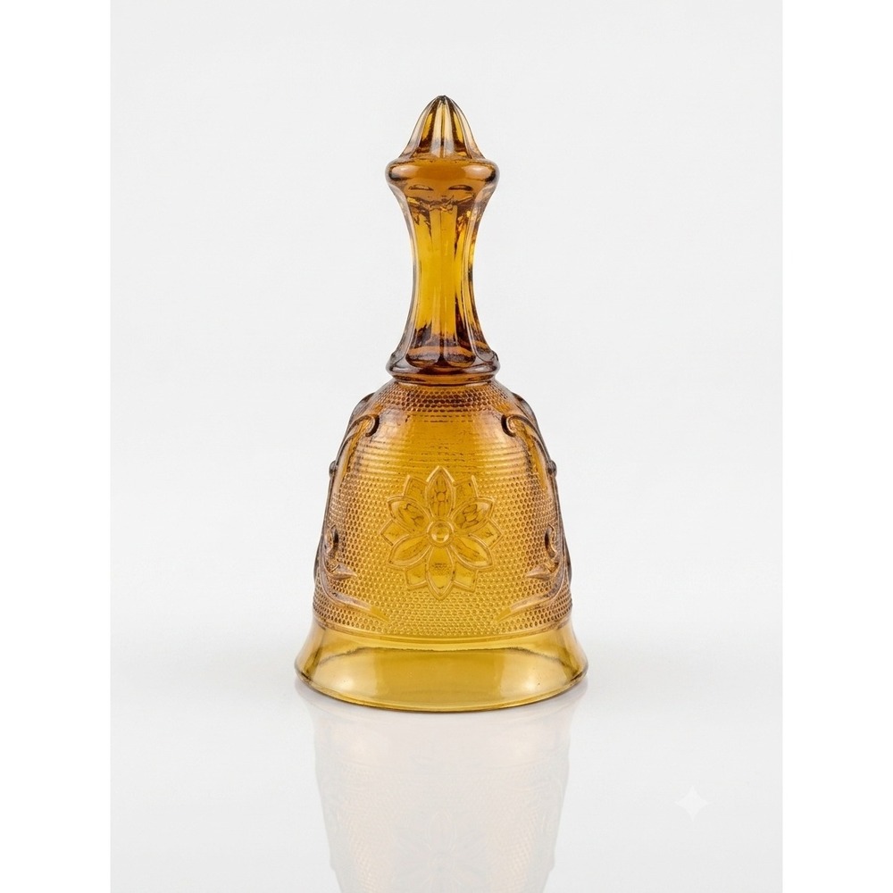 Vintage Amber Glass Bell 1970s Floral Scroll Mid Century Home Decor